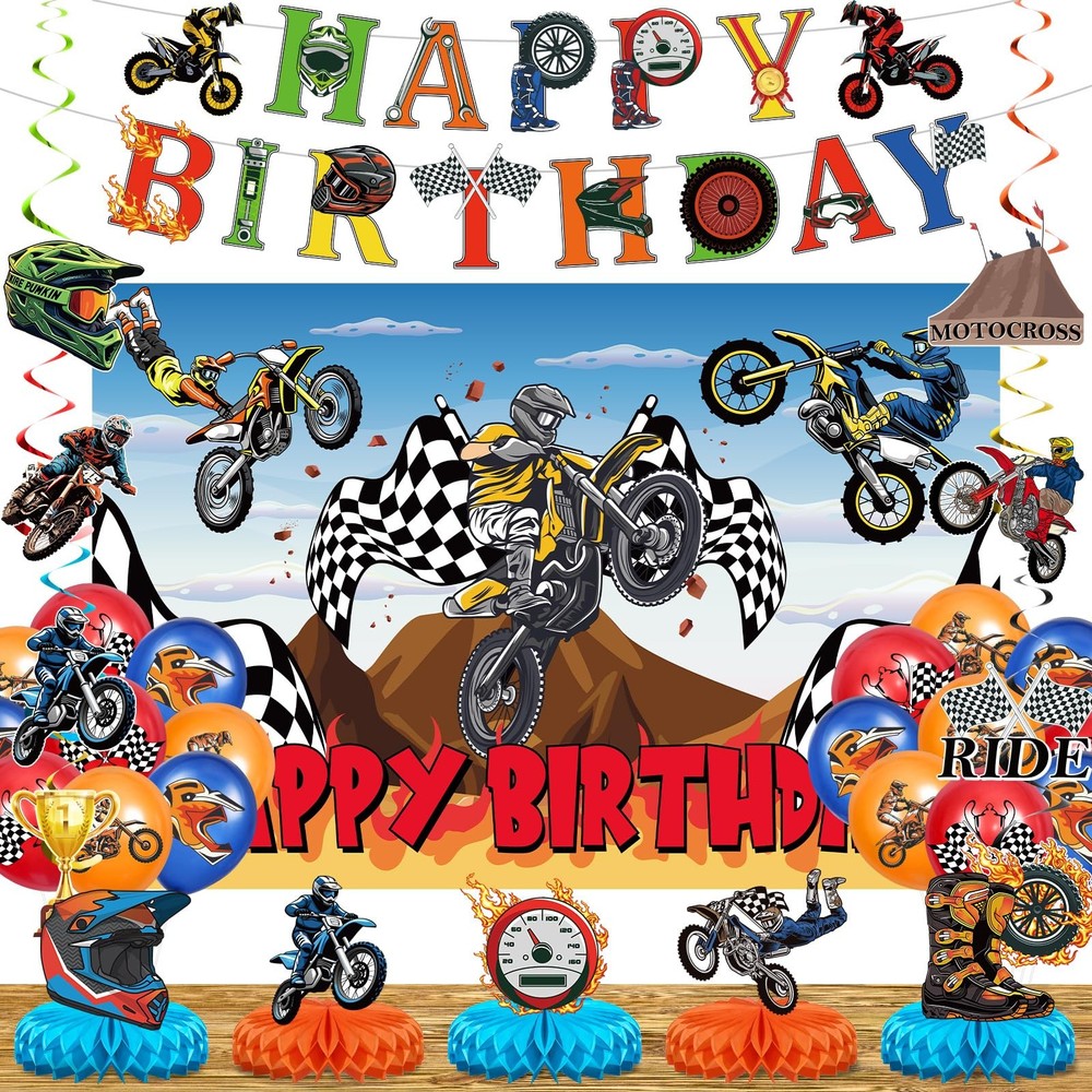 Motorcycle Dirt Bike Birthday Party Decoration for Boys Kids Motorcycle Motoc...