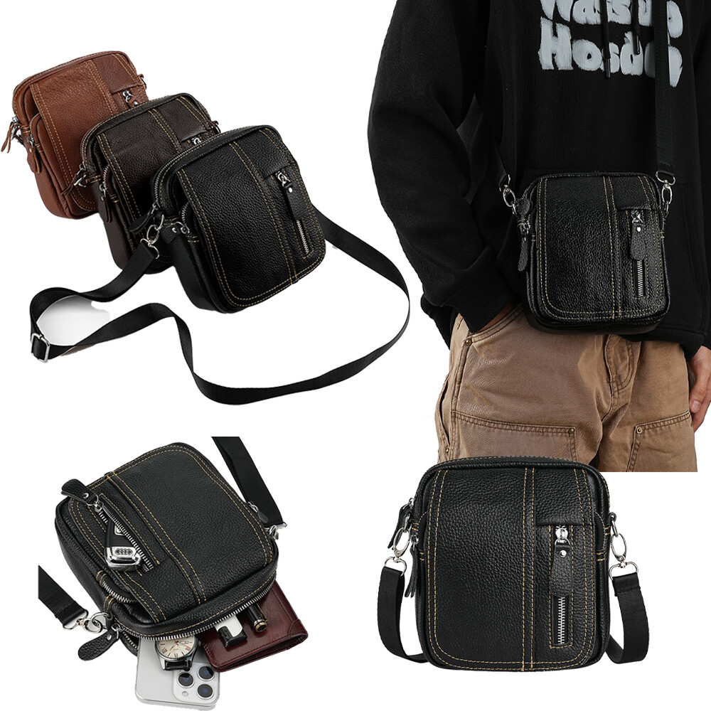 Men's Leather Crossbody Shoulder Bag with Large Storage & Zipper