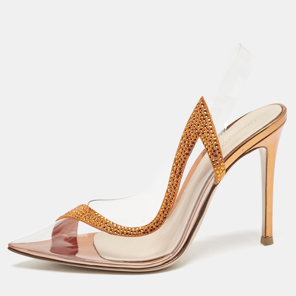 Gianvito Rossi Hortensia PVC and Suede Pumps in Transparent Orange with Embellishments