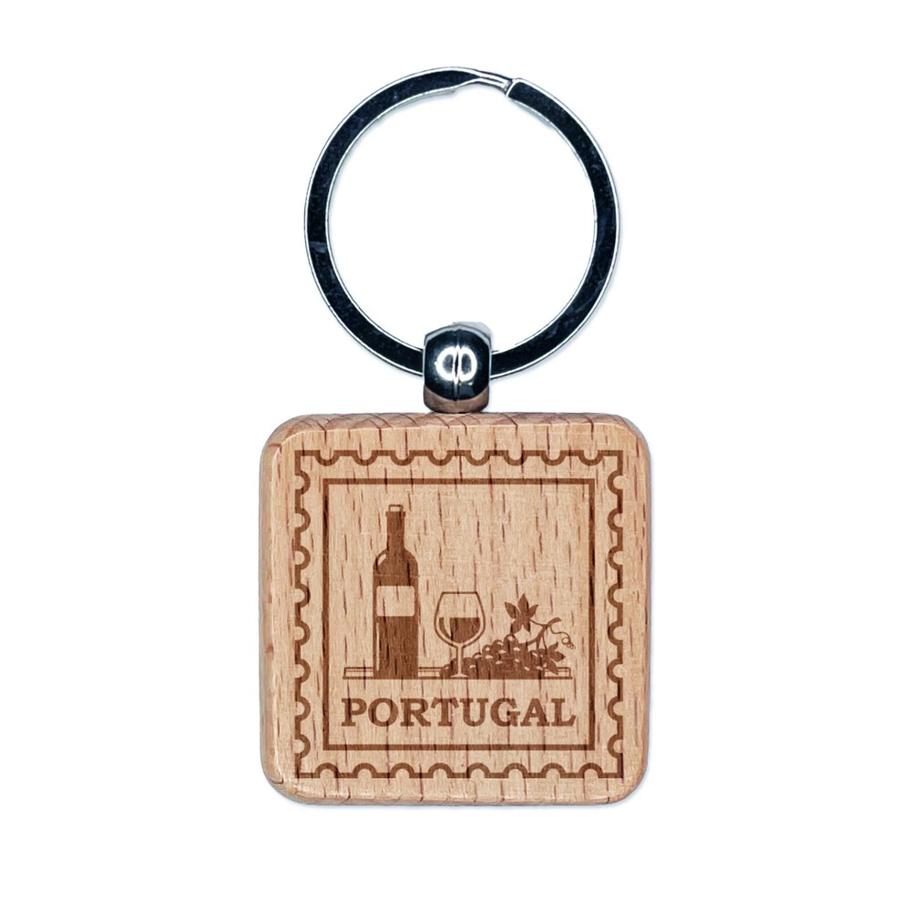 Portugal Travel Port Wine Grapes Engraved Wood Square Keychain Tag Charm