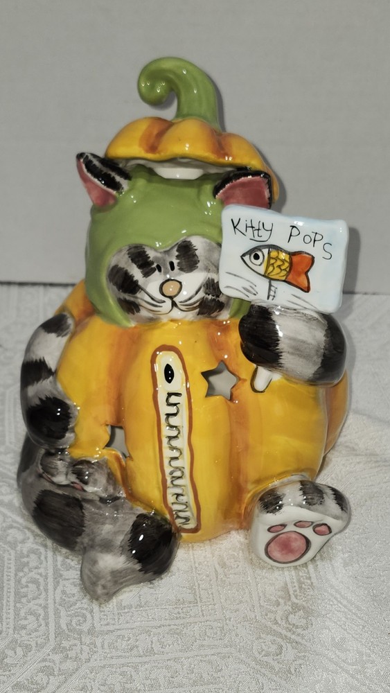 New Blue Sky Clayworks Cat in a Pumpkin Kitty Pops Tea Light Heather Goldminc