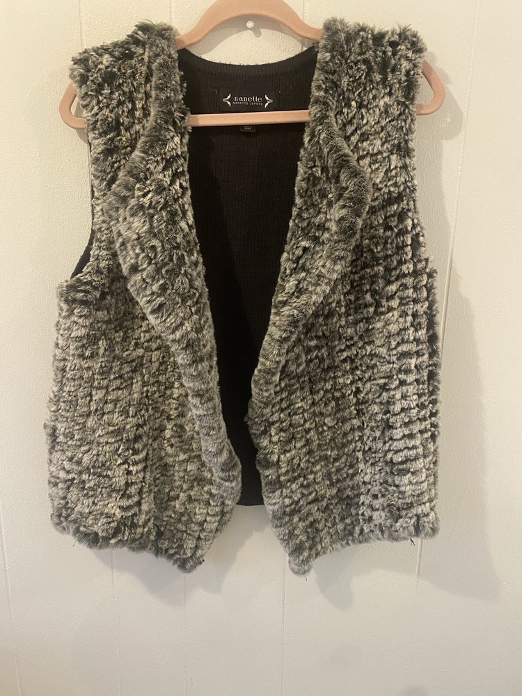 Nanette Lepore Vest Womens M Faux Fur Front Knit Back Hook Eye Closure Grays