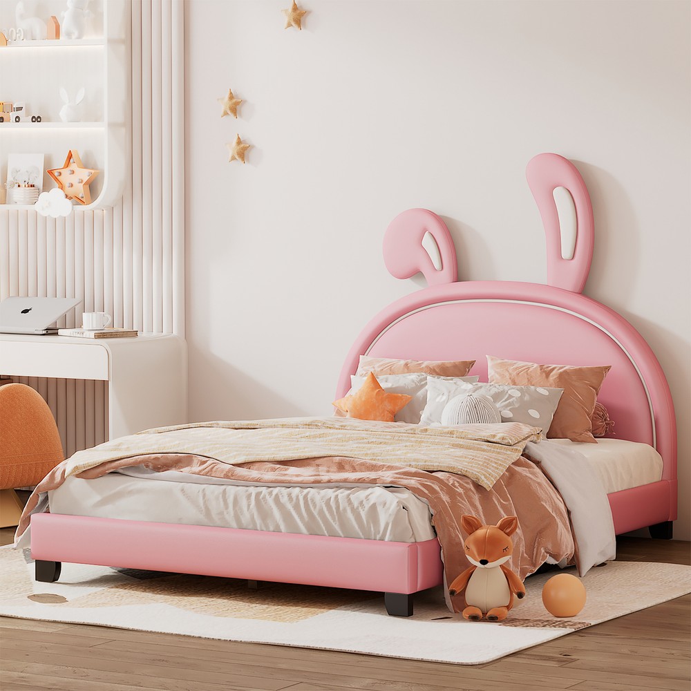Full Size With Bunny Ears Headboard Bed Frame With Rabbit Ornament For Kids New