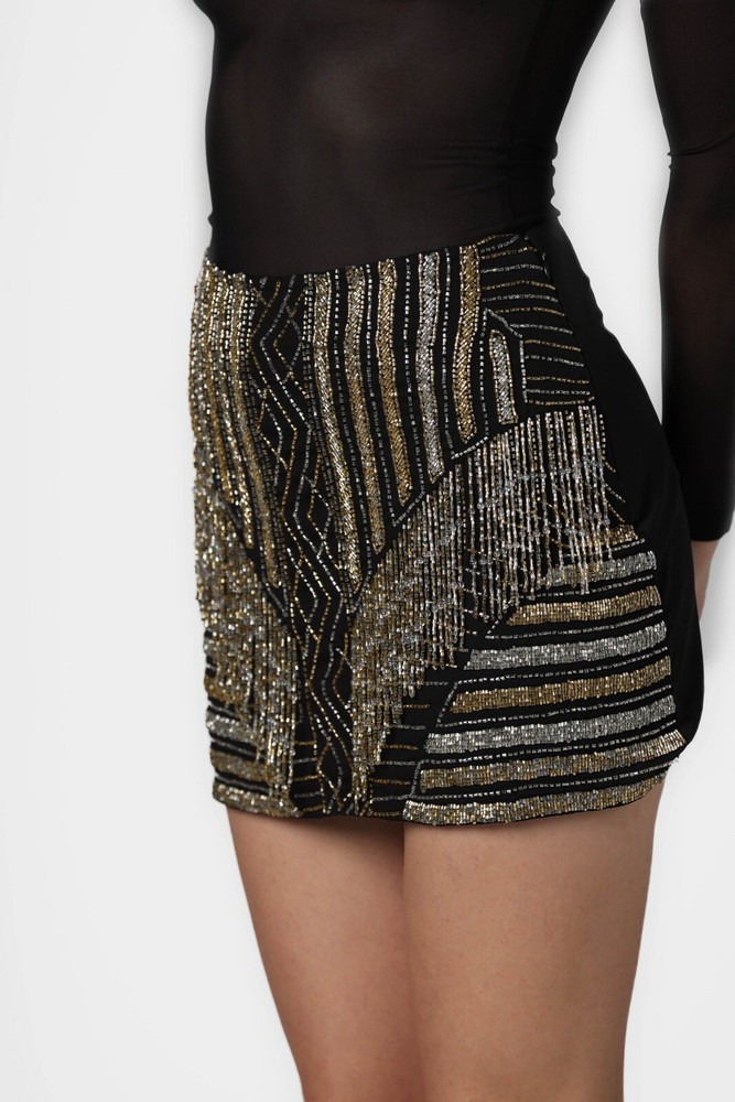 Eclair Beaded Sequin Mini Skirt in Black Gold Silver Metallic for Women