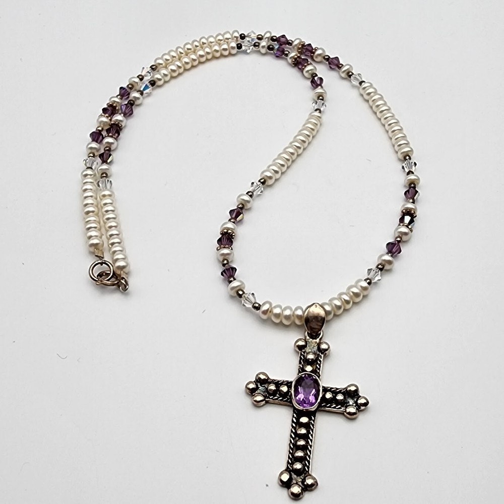 Sterling 925 Cross Bezel Set Amethyst Pendant Real Button Pearl Crystal Necklace