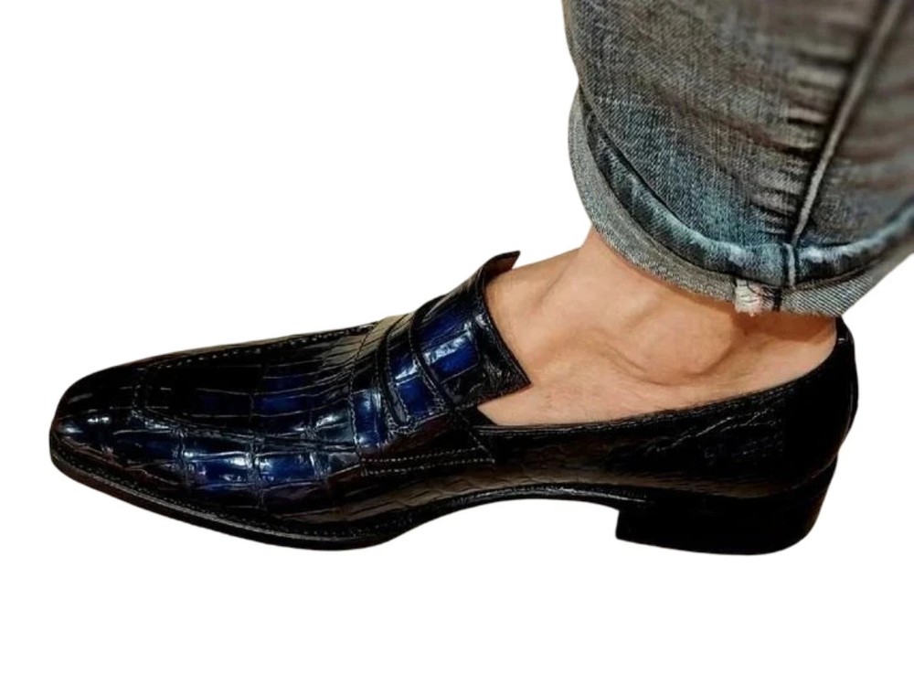 Handmade Dark Blue Leather Moccasin Crocs Slip-On Dress Party Shoes