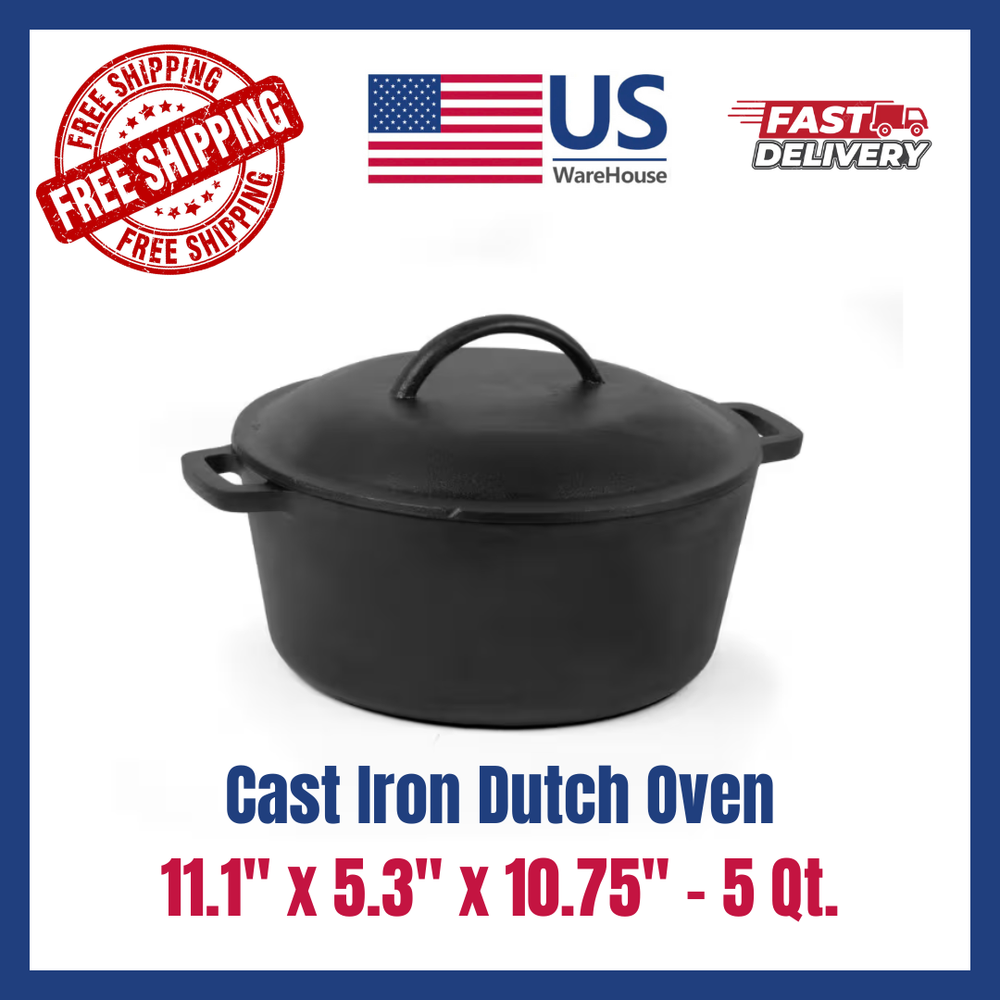 5 Qt Pre-Seasoned Cast Iron Dutch Oven with Lid – Ready to Use