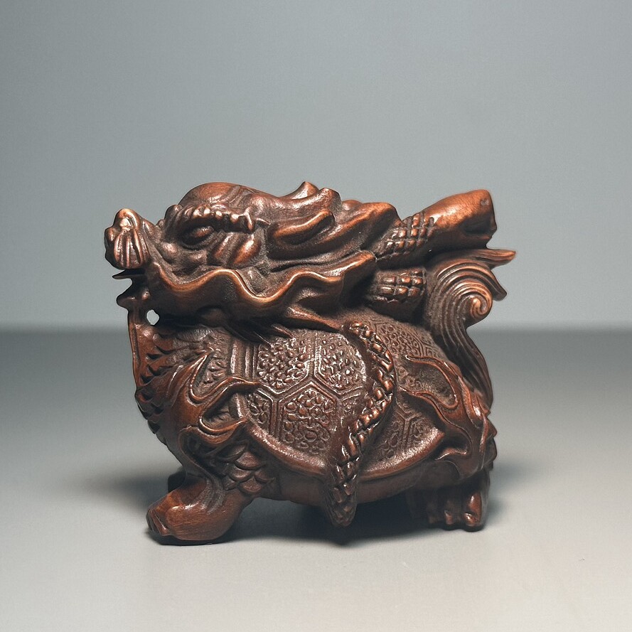 Vintage Wooden Carving Dragon Turtle Statue Wood Animal Figurine Decor Art Gift