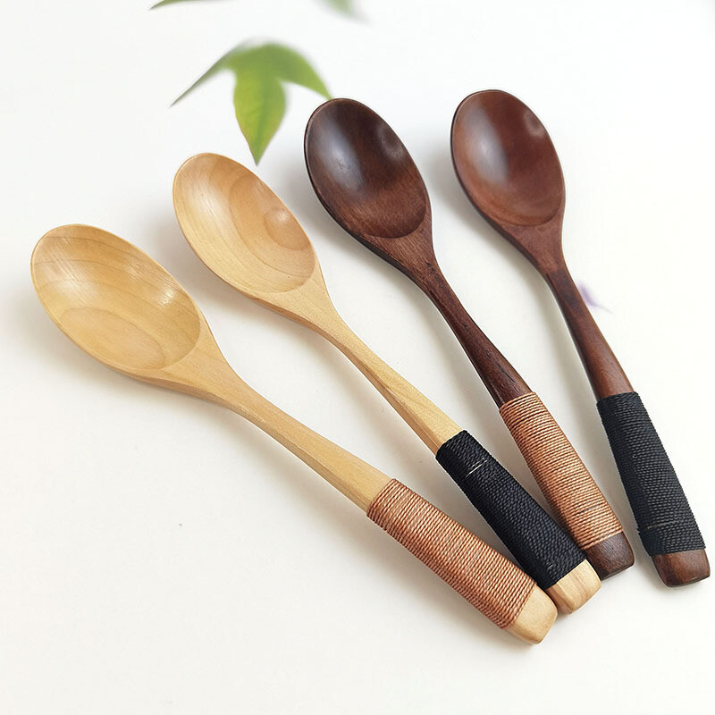 5pc Wooden Spoon for Home Use Japanese Style Long Handle Small Large Soup Spoon
