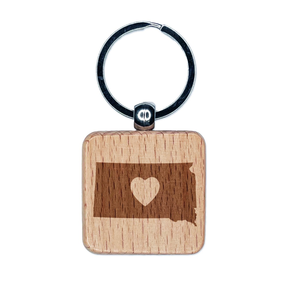 South Dakota State with Heart Engraved Wood Square Keychain Tag Charm