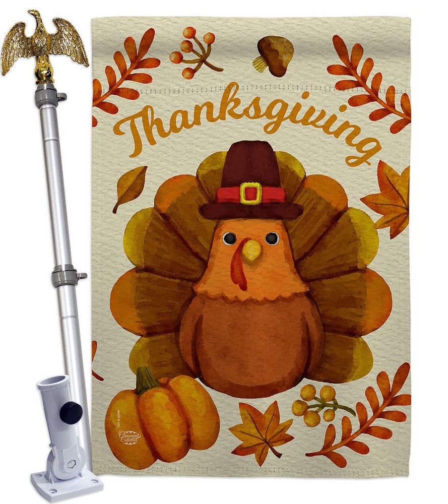 Pilgrim Turkey House Flag Set with Eagle Fall Thanksgiving Decor Gobble Pumpkins  