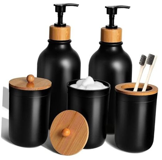 5-Piece Matte Black Plastic Bathroom Accessories Set Including Soap Dispenser