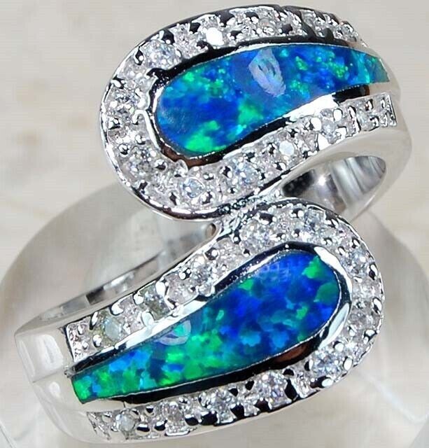 Australian Opal Inlay & Topaz 925 Solid Sterling Silver Ring Jewelry Sz 6 TD2