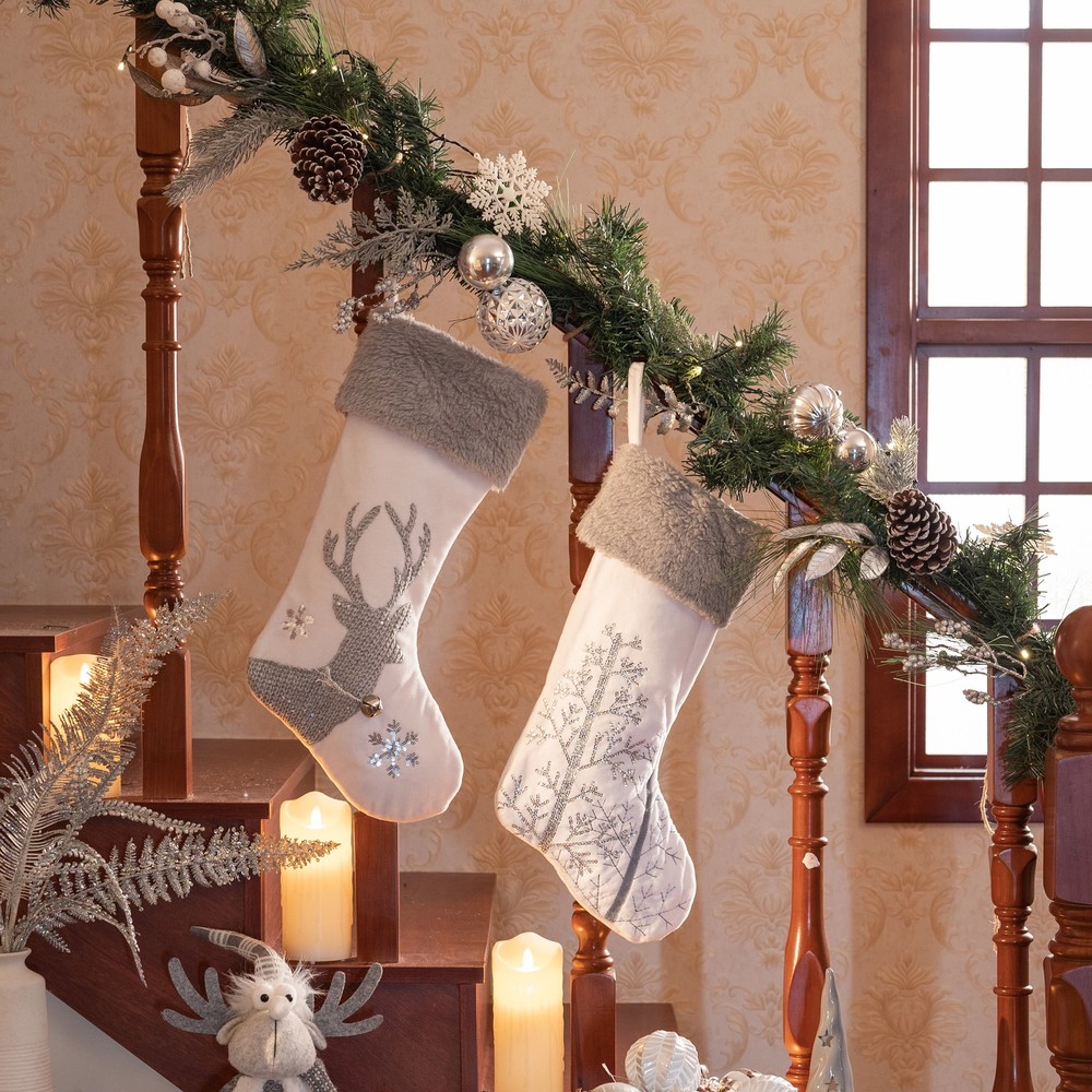 21 Inches Christmas Stockings, 2 Pcs Exquisite Plush Silver White Christmas Hang