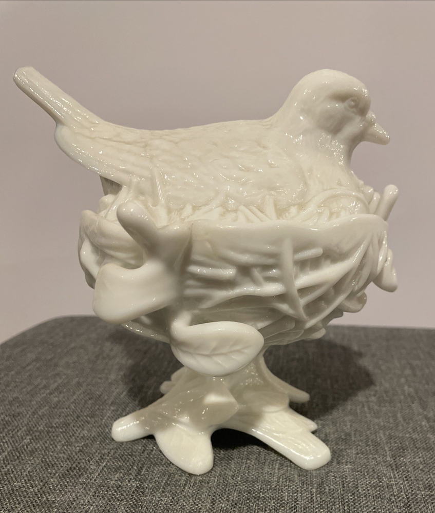 Vintage Westmoreland Milk Glass Footed Candy Dish with Hen Bird on Nest Design