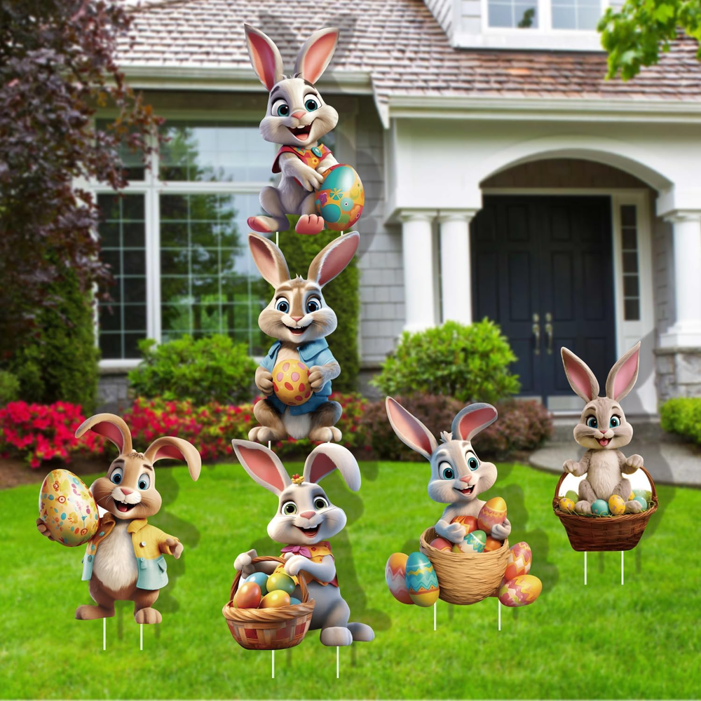 6PCS up to 48 Inches Bunny Easter Outdoor Decorations Lawn Yard Signs with Stake