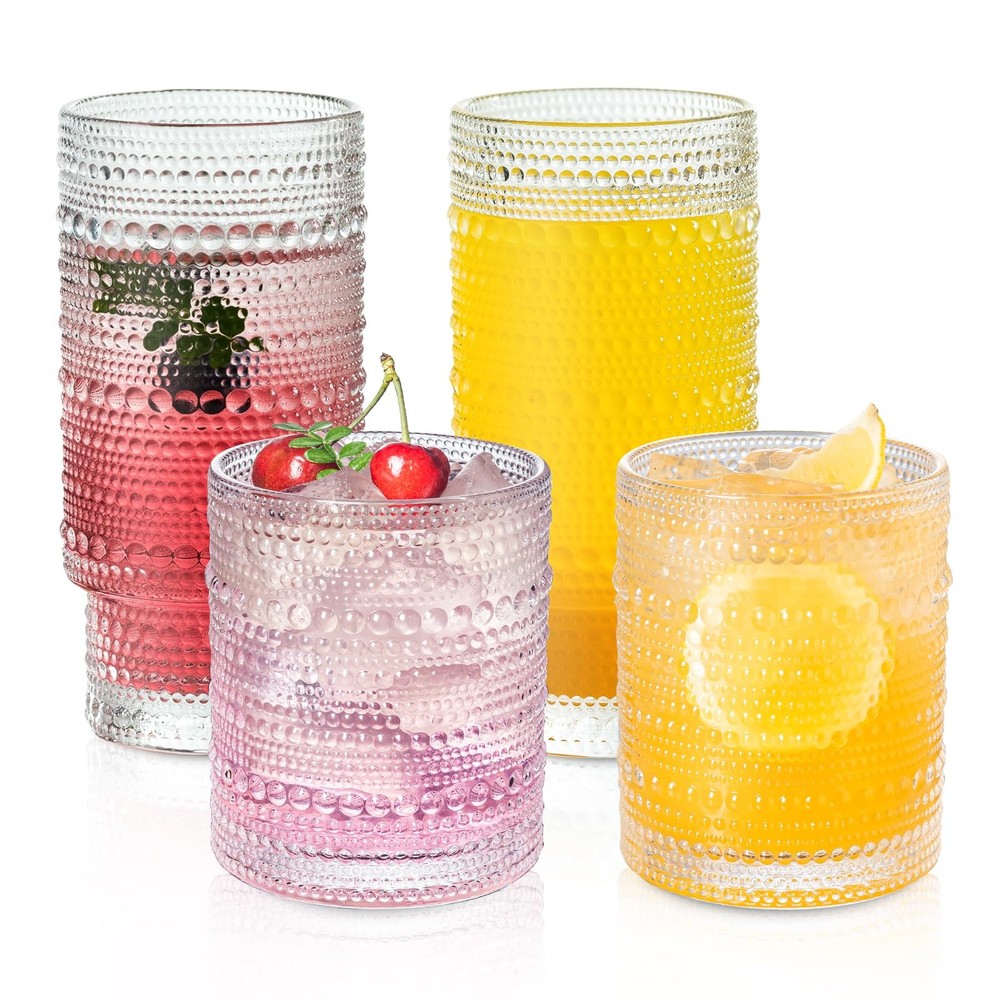 Vintage Hobnail 16oz Highball Drinking Glasses Set of 4