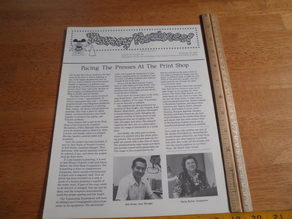 Disney Newsreel WED MAPO Employees magazine 1981 Print Shop press workers