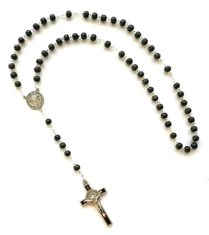 Saint Benedict Solid Wood Black Beads Rosary with Pouch