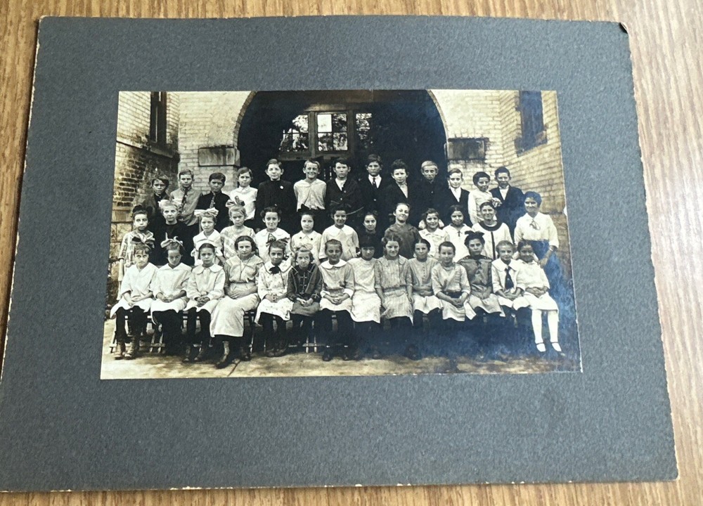 Early 20th Mounted Photograph School Class Scene 39 Boys and Girls with Teacher