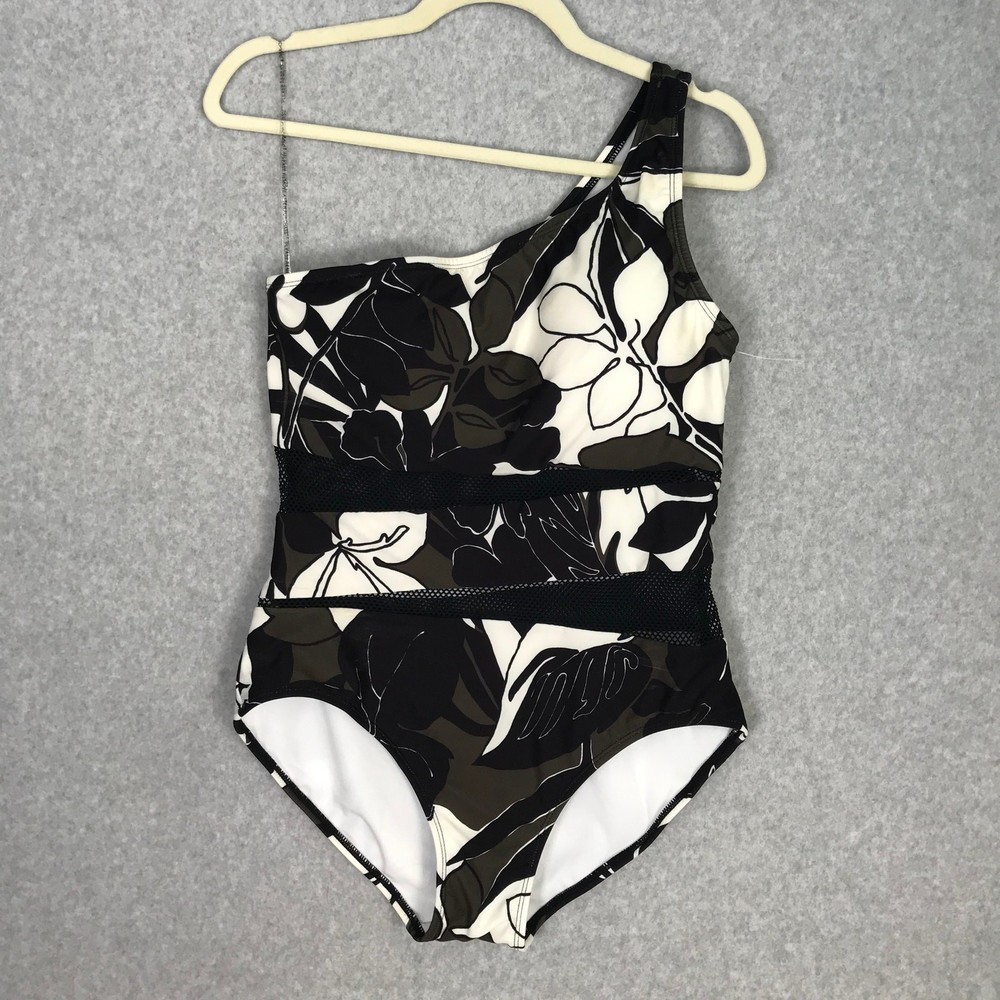 Carmen Marc Valvo One Shoulder One Piece 14 Olive Cream Mesh Cut Out Neutrals