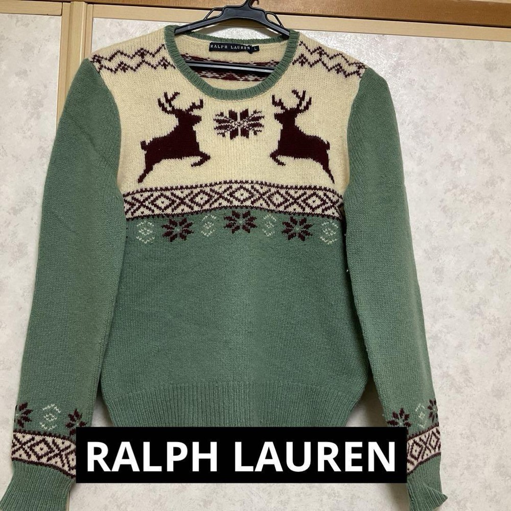 Ralph Lauren 100% Wool Sweater L Reindeer Pattern Knit Used