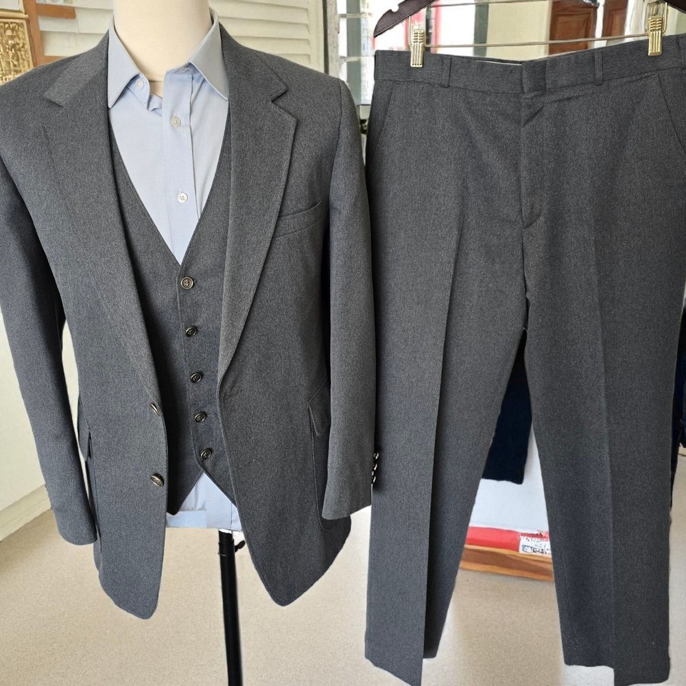 Vintage 70s 3 Piece Suit 44r 34x29 Sears Poly Wool Metal Buttons