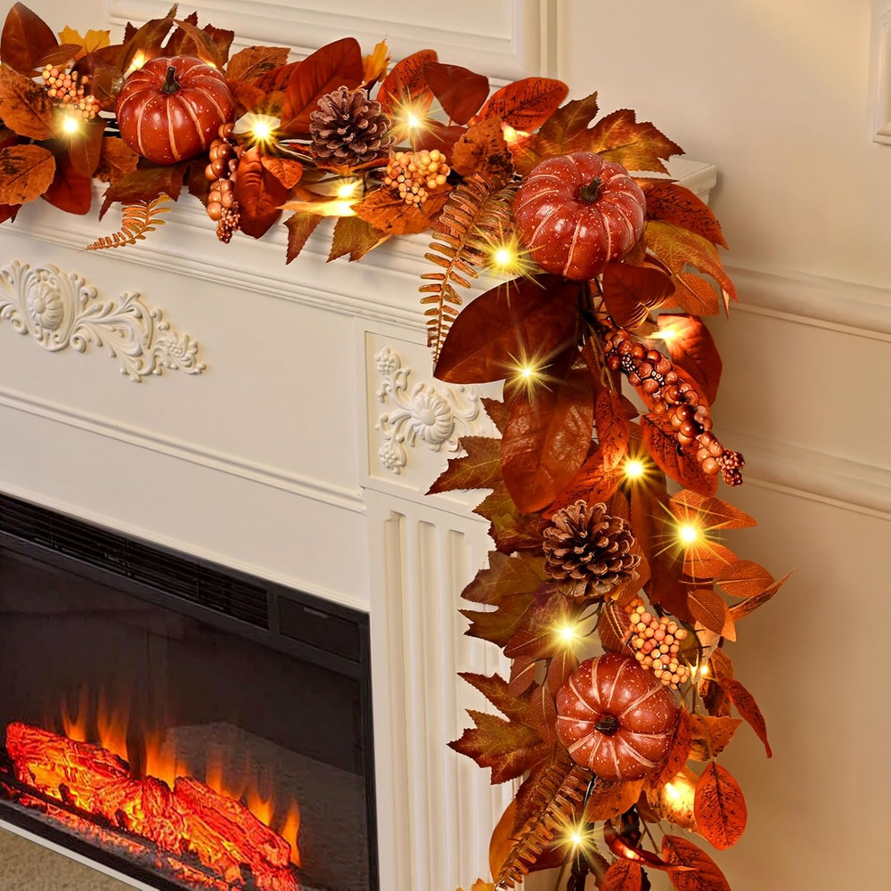 6FT Fall Garland with Lights for Mantel – Autumn Decor