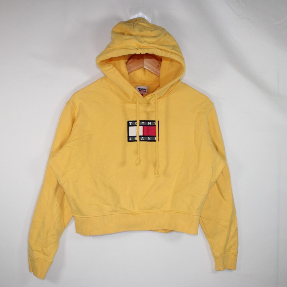 Tommy Hilfiger Cropped Hoodie Womens Small Yellow Corduroy Design Spellout Logo