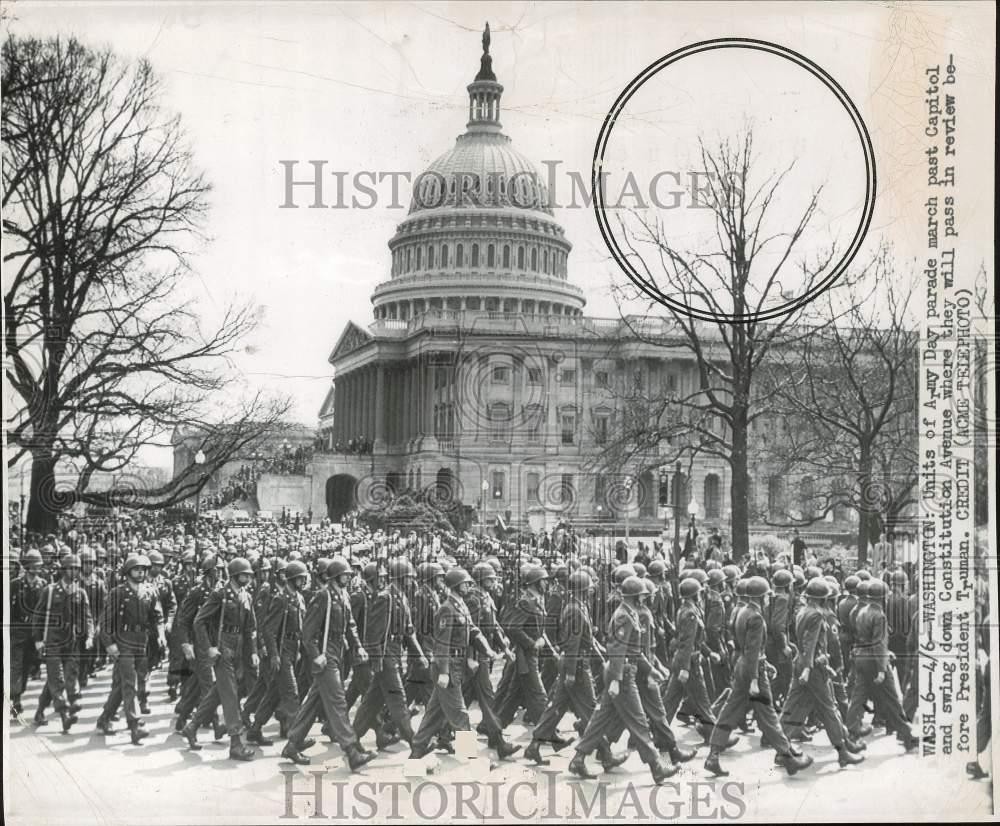 1951 Press Photo Units of Army Day parade march past Capitol & past Pres. Truman