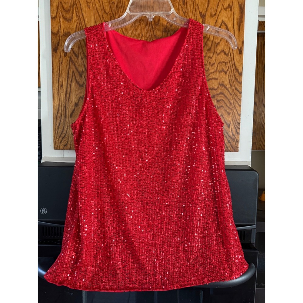 Sparkle Glam Sequin Tank Top Women's Red V-Neck Sleeveless Party Size XL
