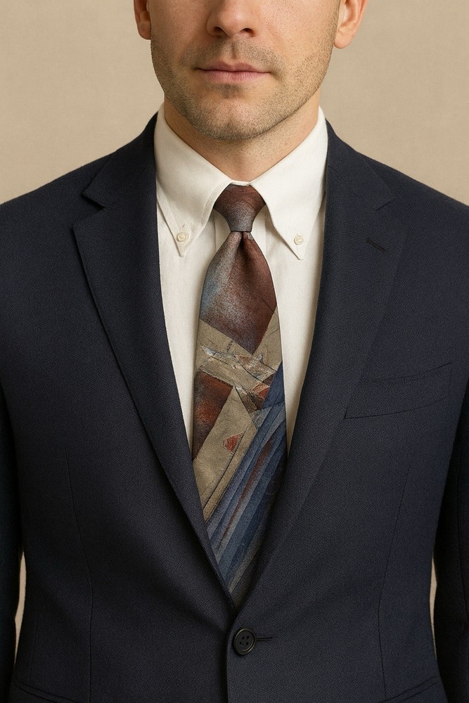 Karl Lagerfeld Silk Tie Abstract Pattern Made in Italy Blue Brown Beige Design