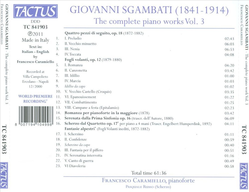 Francesco Caramiello Giovanni Sgambatti Complete Piano Works Vol 3 CD