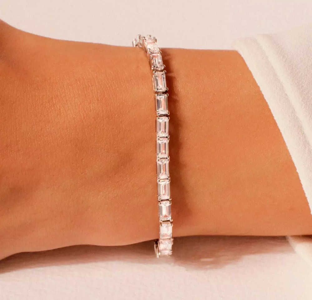 Emerald Cut Lab Diamond Tennis Bracelet in 14K White Gold Plated