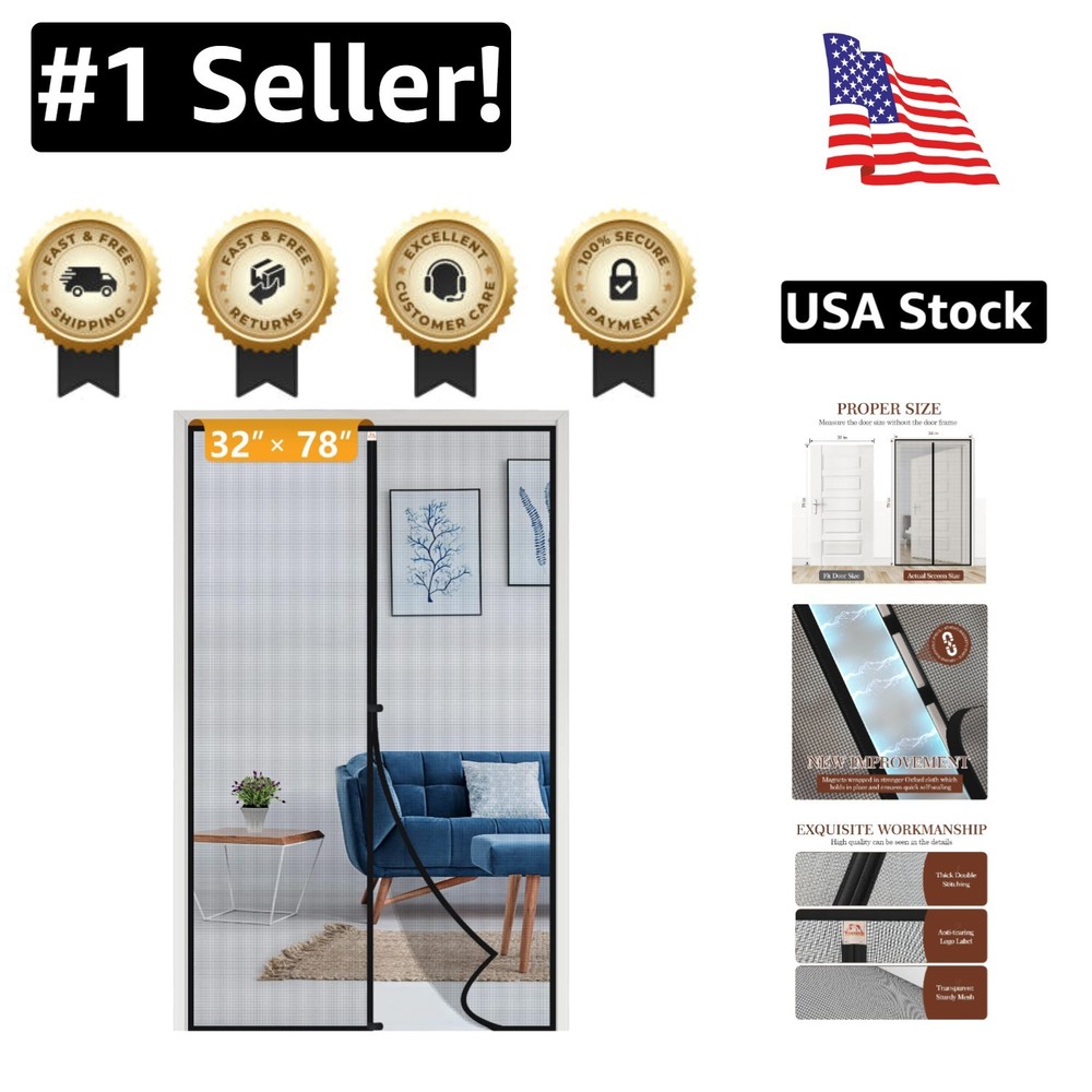 Sturdy 34x79 Magnetic Screen Door for 32x78 Openings - Easy Install Windproof Mesh