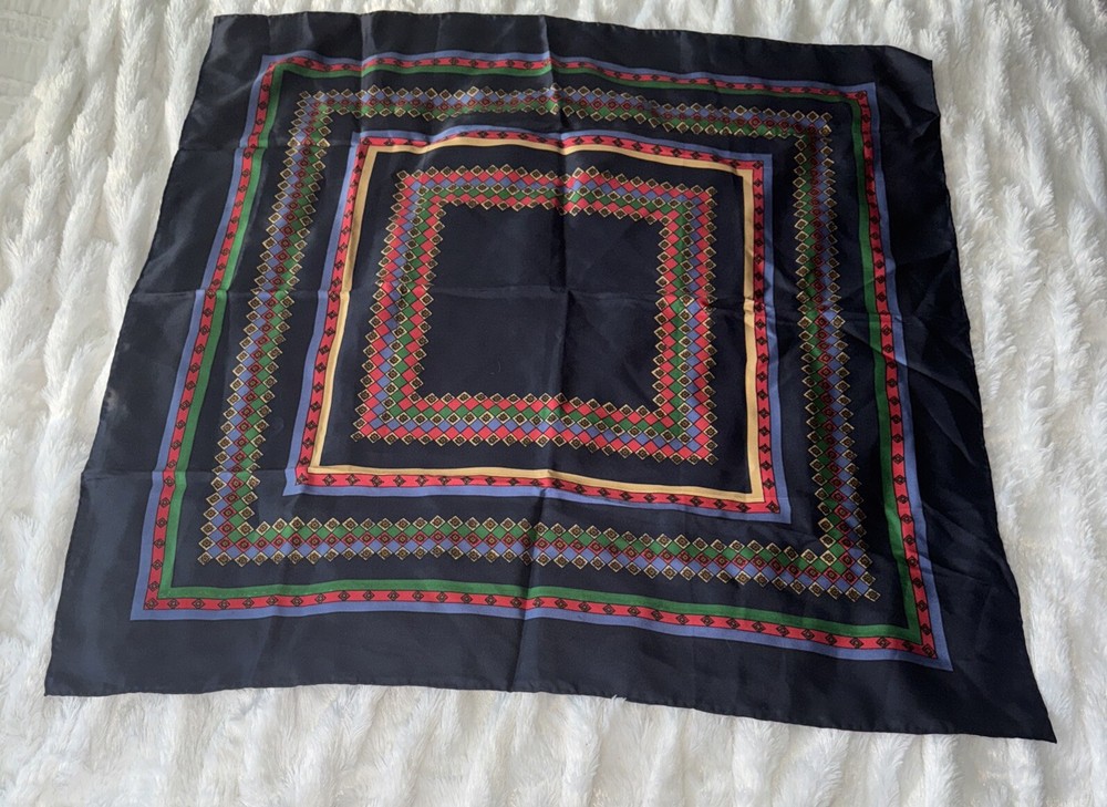GOLDEN CAMEL SQUARE Silk scarf 31 in MADE IN Shanghai CHINA  NAVY, Geometric VTG
