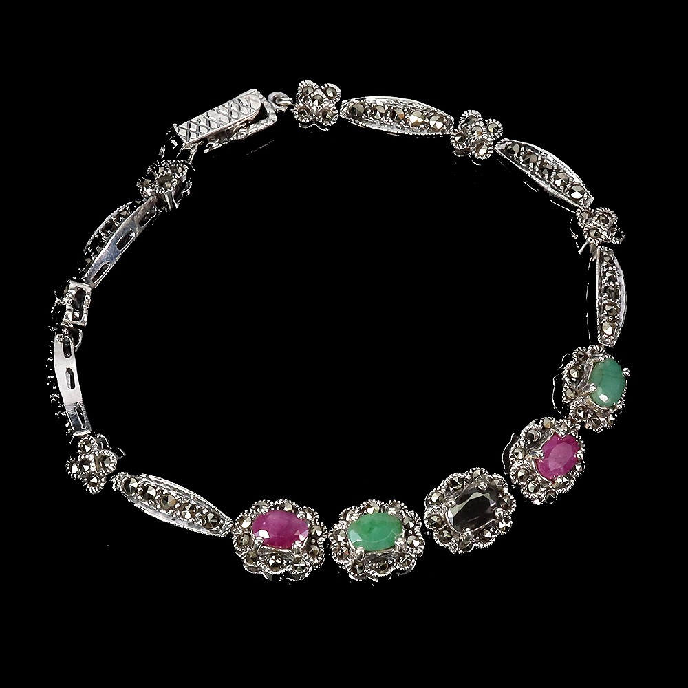 925 Sterling Silver Bracelet with Oval Ruby Emerald Sapphire Gemstones 8 Inch