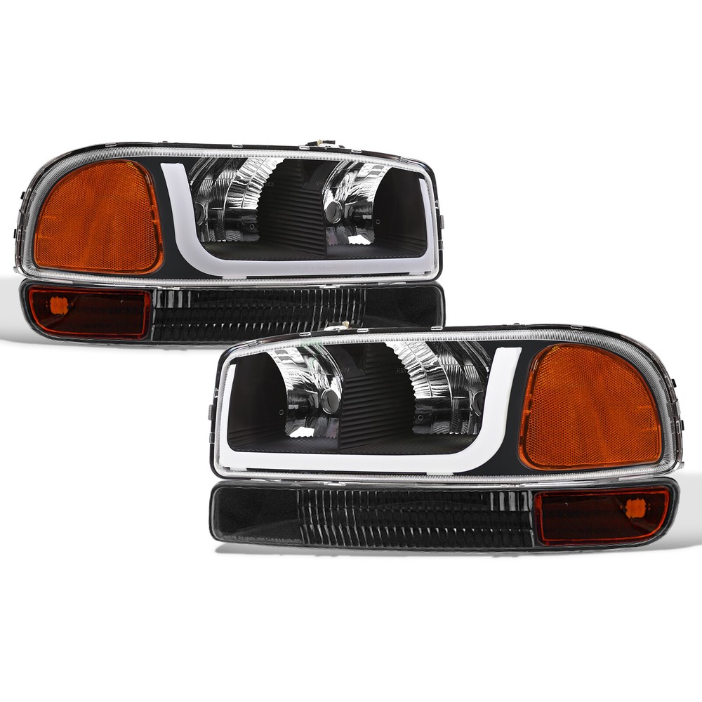 Topline For 1999-2006 Sierra/Yukon Black LED Strip Headlights+Bumper Lamps Amber