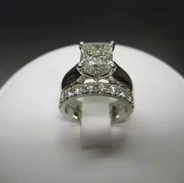 4 Ct Princess Cut  Moissanite Bridal Band Ring Set Real 925 Sterling Silver