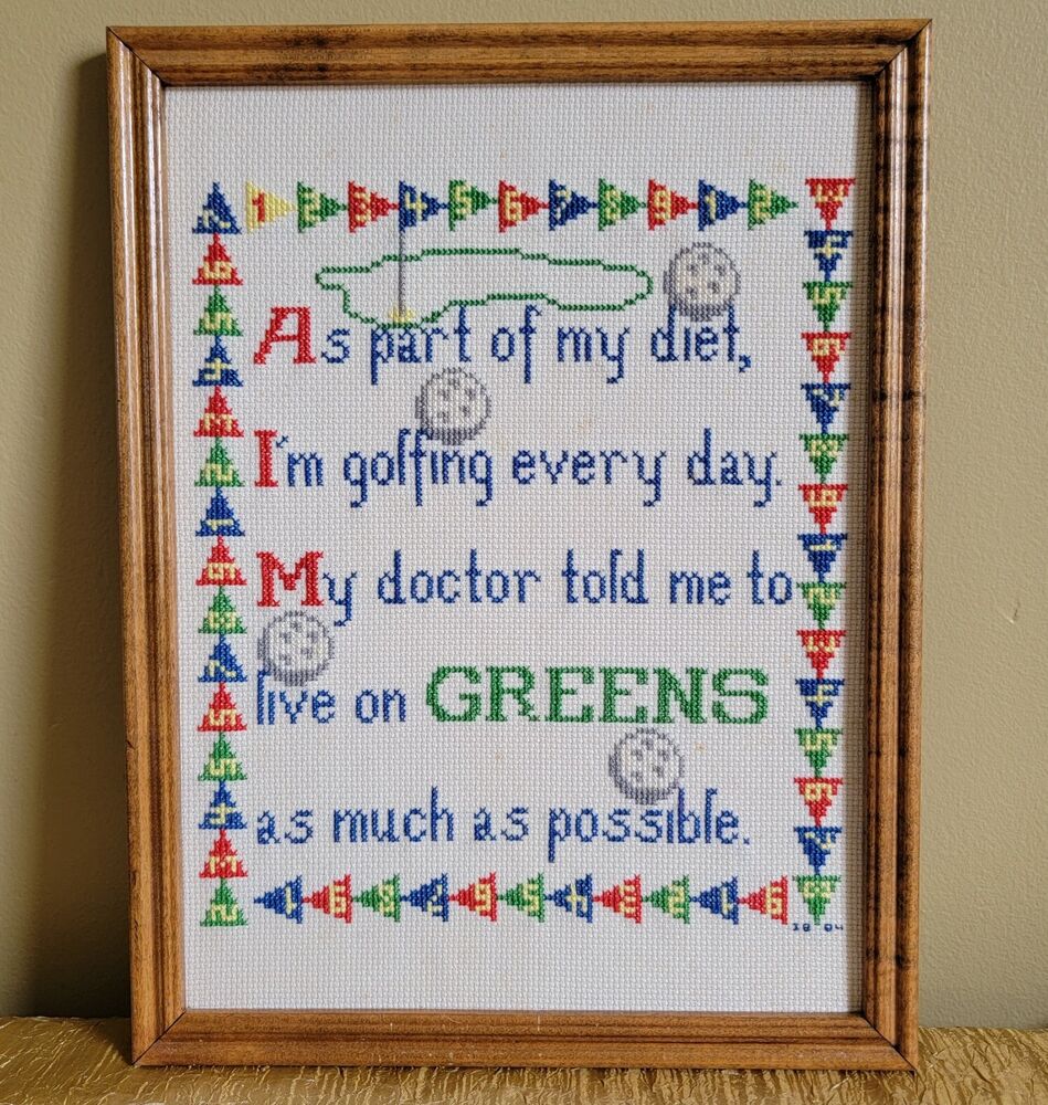 Vintage Golf Cross Stitch Needlework Framed Retro Home Office Decor