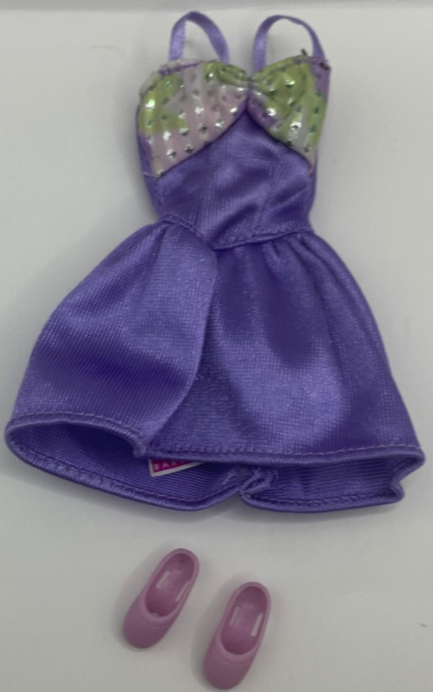Vintage Barbie Fashion Pack Outfit Clothing Purple Shiny Short Party Dress Shoes