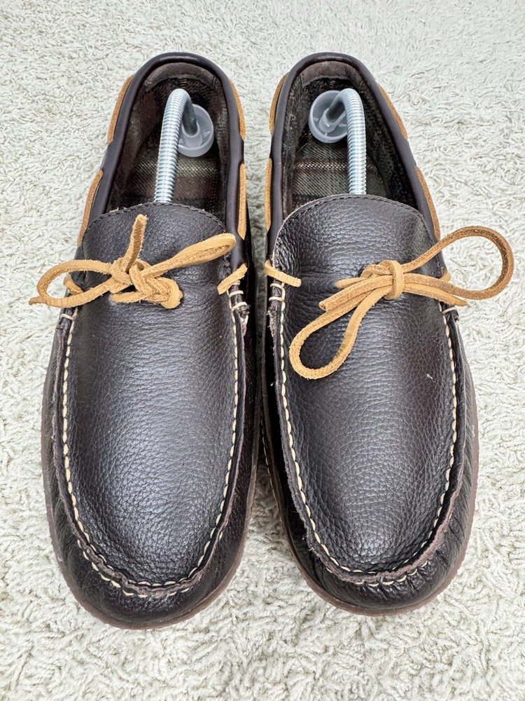 LL Bean Men’s Handsewn Slippers Brown Leather Flannel Lined Size 12 Moccasins
