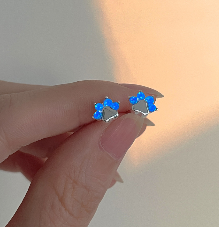 Silver Plated Paw Print CZ Opal Stud Earrings for Pets Screw Back Style A7