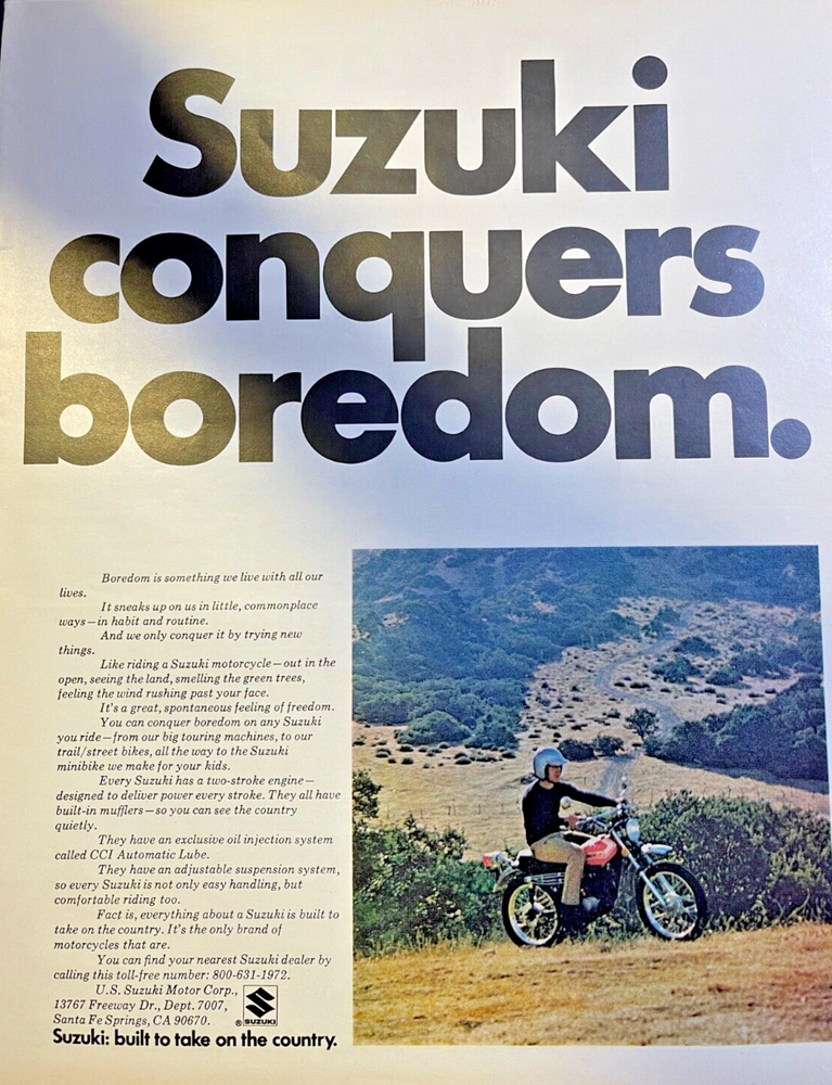 1972 Suzuki Motorcycle Ad Conquers Boredom