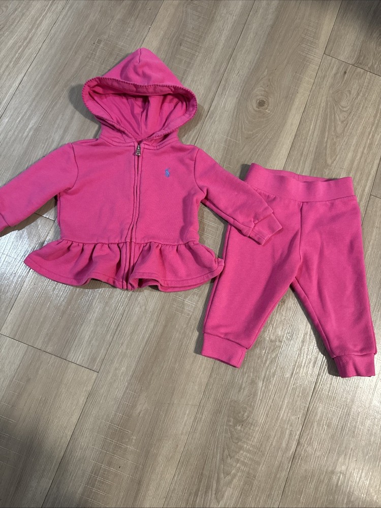 Ralph Lauren Baby Girl Pink Hoodie Sweatshirt Set 9M Winter Outfit