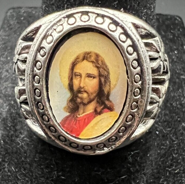 Vintage Antique Silver Tone Jesus Ring - Size 10