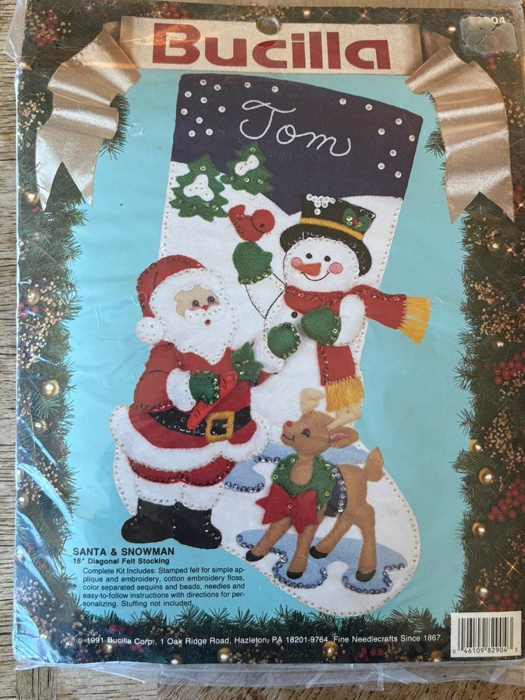 Vintage Bucilla 82904 Christmas Felt Stocking Kit Santa Reindeer Snowman 90s NEW