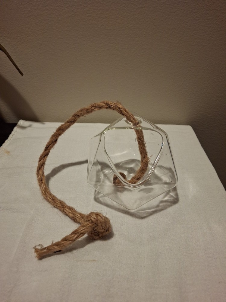 Geometric Clear Glass Hanging Planter Vase 4x4x4 with Rope