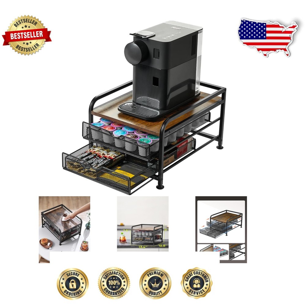 Elegant Wood & Metal Coffee Capsule Holder with 2 Spacious Drawers