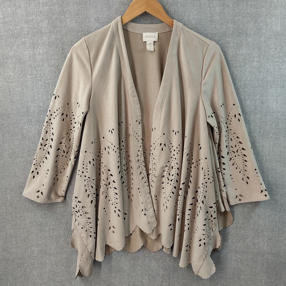 Chicos Jacket Women 0 Sand Beige Western Boho Laser Cut Faux Suede Open Cardigan